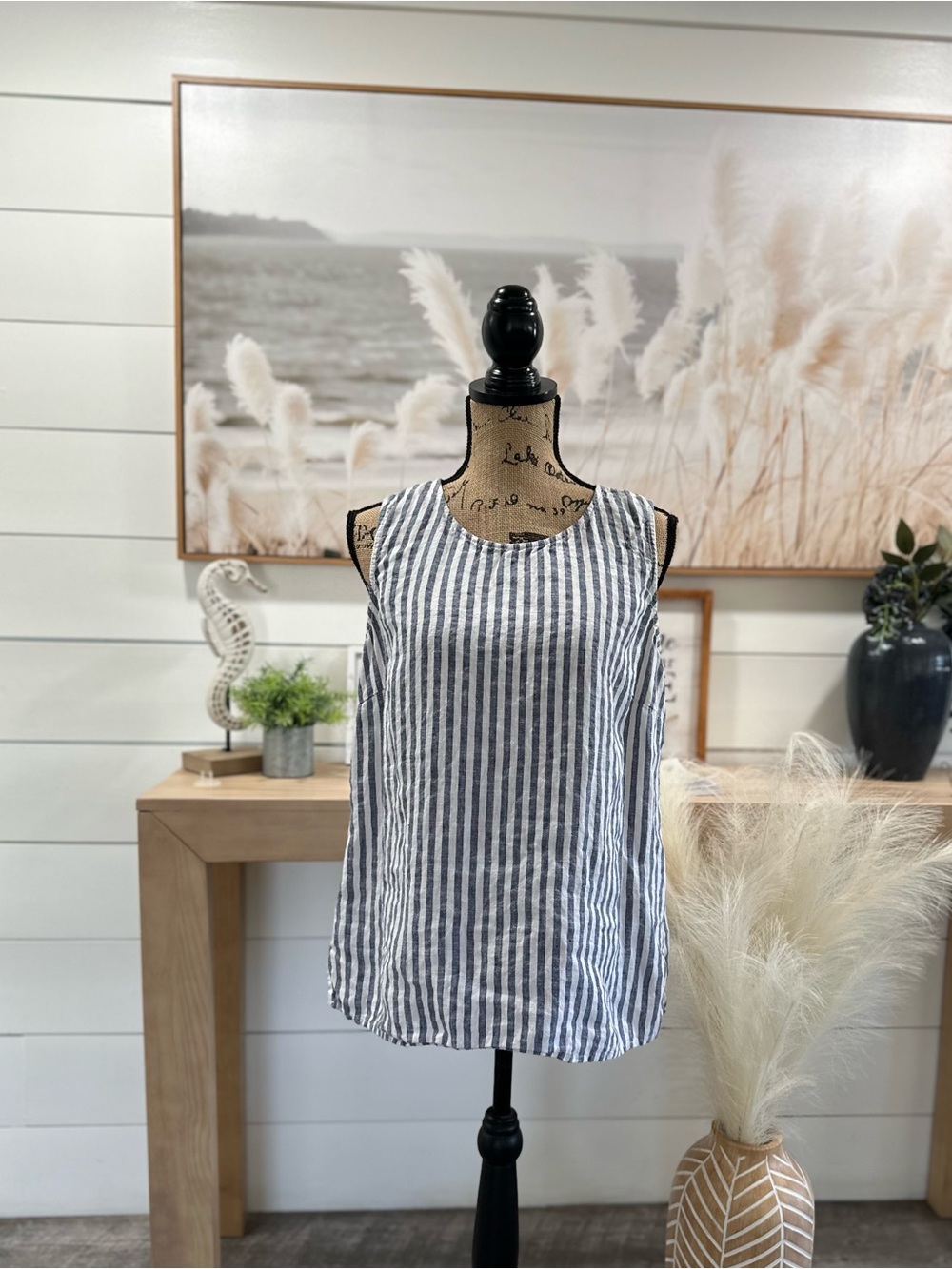 Ellen Tracy Navy and White Vertical Stripe Sleeveless Tank